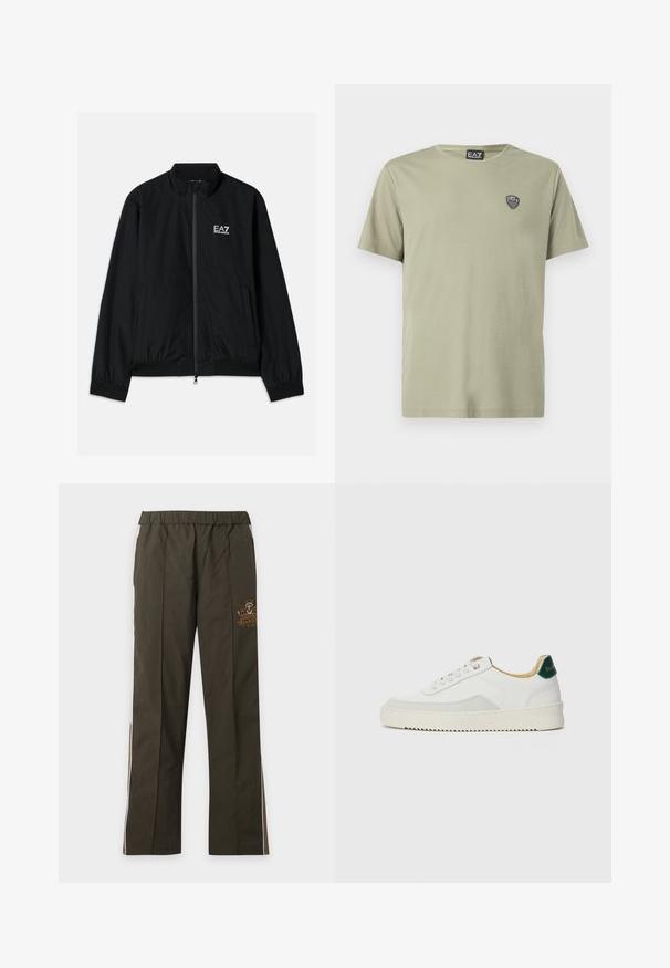 Μαύρο bomber jacket με ψηλό γιακά, φερμουάρ μπροστά, ελαστικούς καρπούς και στρίφωμα. Διαθέτει λευκό λογότυπο EA7 στο αριστερό στήθος και δύο πλαϊνές τσέπες.; Ανοιχτό πράσινο T-shirt από απαλό βαμβάκι, με στρογγυλή λαιμόκοψη και κοντά μανίκια. Περιλαμβάνει ένα μικρό μαύρο λογότυπο στο στήθος.; Παντελόνι σκούρο πράσινο με ίσια γραμμή, ελαστική μέση, λευκές πλευρικές ρίγες και μικρό κίτρινο λογότυπο στο πάνω αριστερό μηρό.; Λευκά sneakers με σουέτ λεπτομέρειες, στρογγυλή μύτη, επίπεδα κορδόνια και κρέμα από καουτσούκ σόλα. Διαθέτει πράσινη επωνυμία στη φτέρνα.
