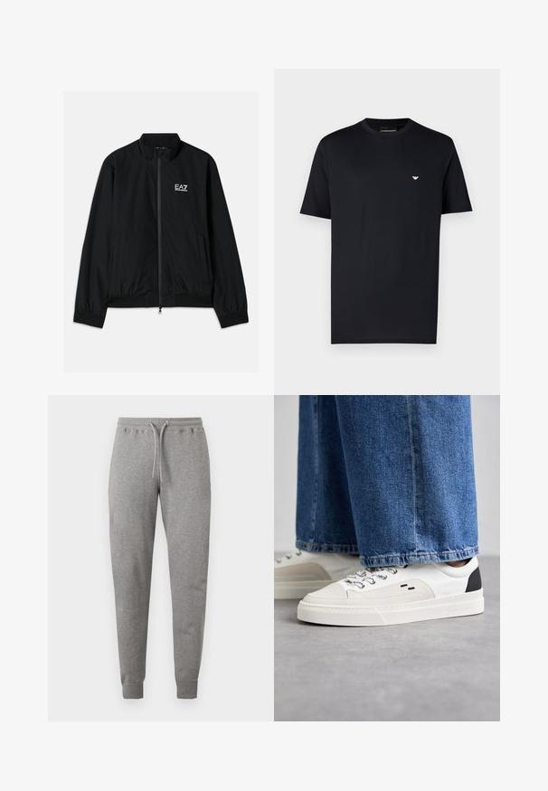 Μαύρο bomber jacket με ψηλό γιακά, φερμουάρ μπροστά, ελαστικούς καρπούς και στρίφωμα. Διαθέτει λευκό λογότυπο EA7 στο αριστερό στήθος και δύο πλαϊνές τσέπες.; Μαύρο βαμβακερό μπλουζάκι με στρογγυλή λαιμόκοψη, κοντά μανίκια και μικρό χρυσό λογότυπο στο στήθος. Ομαλή υφή, κανονική εφαρμογή.; Γκρι φόρμα με ελαστική μέση, κορδόνι και μανσέτες στον αστράγαλο, εμφανίζεται σε λευκό φόντο.; Λευκά και μαύρα sneakers με λείο δερματικό επάνω μέρος, υφασμάτινες λεπτομέρειες και χοντρή λευκή σόλα. Διαθέτουν κλασικό σχέδιο με κορδόνια.