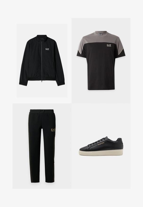 Schwarze Bomberjacke mit hohem Kragen, Reißverschluss vorne, elastischen Bündchen und Saum. Mit weißem EA7-Logo auf der linken Brust und zwei Seitentaschen.; Schwarzes und graues EA7 Emporio Armani T-Shirt mit kurzen Ärmeln, Logo auf der Brust und weißem Saum an den Ärmeln.; Schwarze Jogginghosen mit schmalem Schnitt, elastischem Bund mit Kordelzug und goldenen Akzentstreifen an den Seiten sowie einem Logo.; Schwarze Leder-Sneaker mit glatter Oberfläche, kontrastierender cremefarbener Sohle, abgerundeter Spitze, goldfarbenem Logo an der Seite und sechs Ösen für die Schnürsenkel.