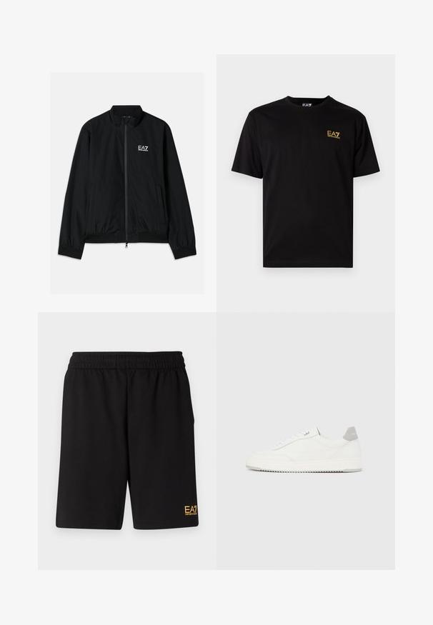 Veste bomber noire avec un col haut, fermeture éclair à l'avant, poignets et ourlet en élastique. Présente le logo EA7 blanc sur la poitrine gauche et deux poches latérales.; T-shirt en coton noir à manches courtes, avec un petit logo brodé jaune sur le côté gauche de la poitrine. Design classique à col rond.; Shorts de sport noirs en tissu doux, avec une taille élastique et un petit logo jaune EA7 sur le bas de la jambe gauche.; Baskets basses blanches avec un onglet de talon gris, des lacets blancs et une semelle texturée, présentées sur un fond uni clair.