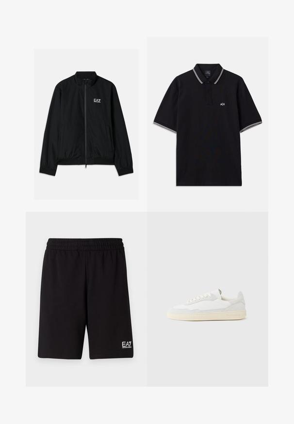 Veste bomber noire avec un col haut, fermeture éclair à l'avant, poignets et ourlet en élastique. Présente le logo EA7 blanc sur la poitrine gauche et deux poches latérales.; Polo noir en coton, doté d'un col à deux boutons, avec des accents rayés blancs sur les manches et un logo sur la poitrine.; Shorts de sport noirs en tissu doux, avec une taille élastique et un petit logo blanc en bas à droite.; Baskets blanches avec dessus en daim et cuir texturé. Caractérisées par un bout arrondi, une fermeture à lacets et une semelle en caoutchouc beige contrastante.