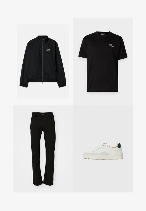 Schwarze Bomberjacke mit hohem Kragen, Reißverschluss vorne, elastischen Bündchen und Saum. Mit weißem EA7-Logo auf der linken Brust und zwei Seitentaschen.; Schwarzes Baumwoll-T-Shirt mit kurzen Ärmeln, Rundhalsausschnitt und kleinem weißen EA7-Logo auf der linken Brust. Glatte Textur, normale Passform.; Schwarze Jeans aus Denim mit geradem Beinanschnitt, ausgestattet mit einem klassischen Bund, Fronttaschen und einer glatten Textur. Keine sichtbaren Muster oder Akzente.; Weiße Sneaker mit Wildlederelementen, runder Zehenpartie, flachen Schnürsenkeln und einer cremefarbenen Gummisohle. Mit grünen Markenlogo am Fersenbereich.