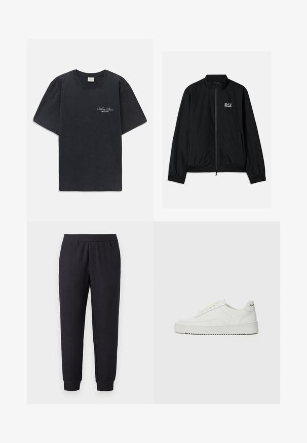 Zwarte bomberjack met een hoge kraag, rits aan de voorkant, elastische manchetten en een elastische zoom. Bevat een witte EA7-logo op de linkerkant van de borst en twee zijzakken.; Zwarte korte mouwen crew neck t-shirt met klein wit "Filling Pieces" tekstlogo op de linkerborst.; Zwarte taps toelopende joggingbroek met elastische tailleband en boorden, voorzien van een subtiel textuurpatroon en zijzakken.; Witte leren sneaker met een gladde afwerking, ronde neus, platte veters en een gestructureerde zool. Kenmerkt zich door een subtiel logo op de hiel.