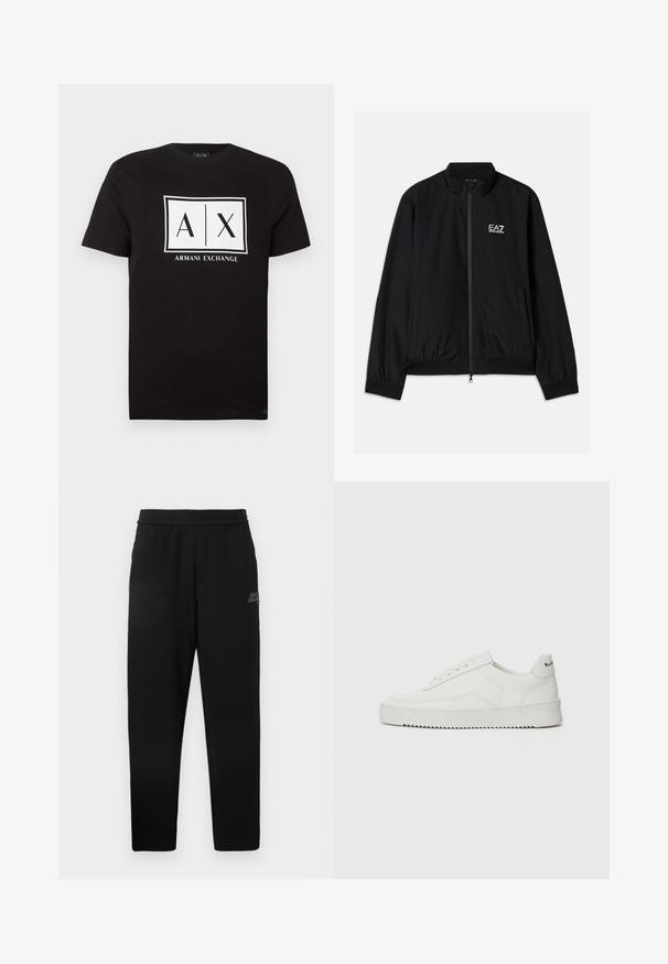 Μαύρο bomber jacket με ψηλό γιακά, φερμουάρ μπροστά, ελαστικούς καρπούς και στρίφωμα. Διαθέτει λευκό λογότυπο EA7 στο αριστερό στήθος και δύο πλαϊνές τσέπες.; Μαύρο κοντομάνικο T-shirt με λευκό ορθογώνιο λογότυπο που δείχνει "A | X" και το κείμενο "Armani Exchange" στο κέντρο του στήθους.; Μαύρο tapered παντελόνι φόρμας με ελαστική μέση και μικρό εκτυπωμένο λογότυπο στο άνω αριστερό μηρό.; Λευκό δερμάτινο sneakers με λείο φινίρισμα, στρογγυλή μύτη, επίπεδα κορδόνια και υφή στην σόλα. Φέρει μια διακριτική λογότυπο στη φτέρνα.