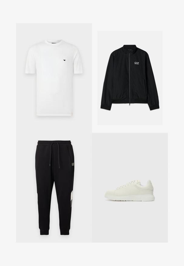 Veste bomber noire avec un col haut, fermeture éclair à l'avant, poignets et ourlet en élastique. Présente le logo EA7 blanc sur la poitrine gauche et deux poches latérales.; T-shirt en coton blanc avec col rond et manches courtes. Présente un petit logo noir sur le côté gauche de la poitrine. Texture lisse, coupe décontractée.; Pantalon de jogging noir avec ceinture élastique et cordon de serrage, doté de poches latérales, chevilles resserrées et petit logo blanc sur la partie supérieure de la cuisse.; Baskets blanches en cuir avec un dessus texturé, bout rond, semelle plate blanche et lacets ton sur ton. Marque discrète sur la languette.