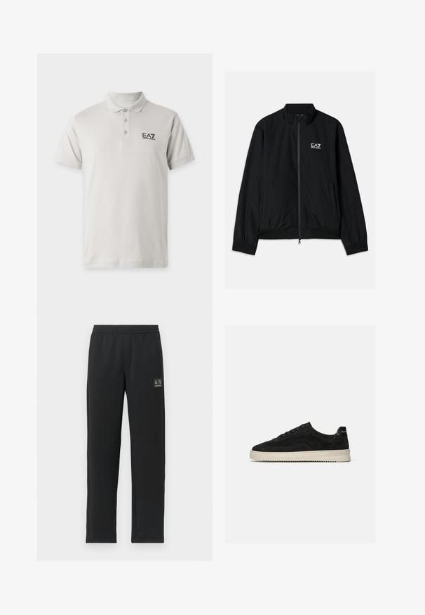 Veste bomber noire avec un col haut, fermeture éclair à l'avant, poignets et ourlet en élastique. Présente le logo EA7 blanc sur la poitrine gauche et deux poches latérales.; Polo blanc à manches courtes avec trois boutons et logo EA7 Emporio Armani sur la poitrine gauche.; Pantalons de jogging noirs à jambe droite avec une taille élastique et un logo noir en patch sur le haut de la cuisse gauche.; Baskets basses en daim noir avec lacets noirs et semelle blanche en caoutchouc, vue latérale sur fond gris clair uni.