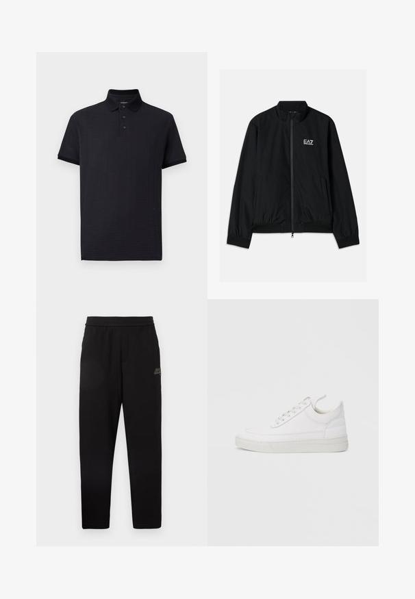 Μαύρο bomber jacket με ψηλό γιακά, φερμουάρ μπροστά, ελαστικούς καρπούς και στρίφωμα. Διαθέτει λευκό λογότυπο EA7 στο αριστερό στήθος και δύο πλαϊνές τσέπες.; Μαύρο πόλο μπλουζάκι με υφή σχεδίου, πατιλέτα με τρία κουμπιά και κλασικό γιακά. Κοντά μανίκια και ίσια τελική ραφή. Μαλακό ύφασμα.; Μαύρο tapered παντελόνι φόρμας με ελαστική μέση και μικρό εκτυπωμένο λογότυπο στο άνω αριστερό μηρό.; Λευκό δερμάτινο αθλητικό παπούτσι με στρογγυλεμένη μύτη, επίπεδη σόλα και κλείσιμο με κορδόνια. Διαθέτει ραφές ως διακοσμητικά στοιχεία και επενδεδυμένο γιακά για άνεση.