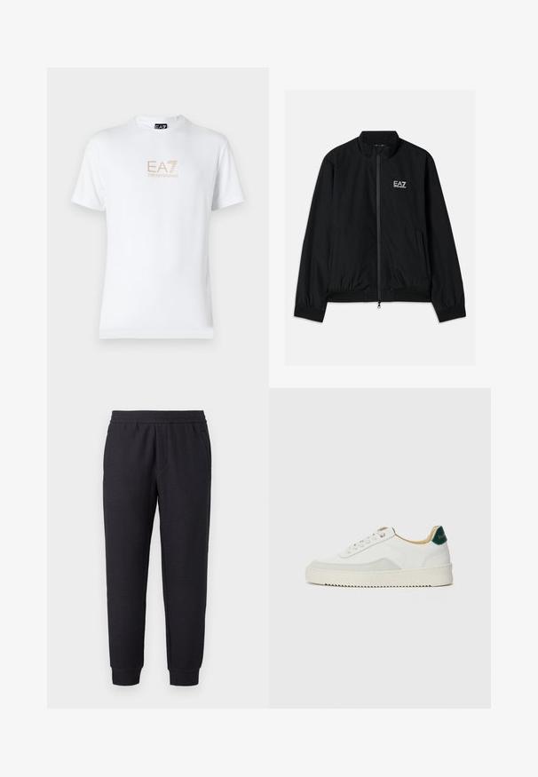 Zwarte bomberjack met een hoge kraag, rits aan de voorkant, elastische manchetten en een elastische zoom. Bevat een witte EA7-logo op de linkerkant van de borst en twee zijzakken.; Witte katoenen t-shirt met een ronde halslijn en korte mouwen, voorzien van een gouden EA7 Emporio Armani-logo op de voorkant.; Zwarte taps toelopende joggingbroek met elastische tailleband en boorden, voorzien van een subtiel textuurpatroon en zijzakken.; Witte sneaker met suède accenten, ronde neus, platte veters en een crème rubberen zool. Bevat groene branding op de hiel.