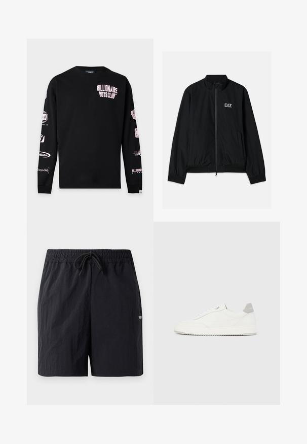 Μαύρο bomber jacket με ψηλό γιακά, φερμουάρ μπροστά, ελαστικούς καρπούς και στρίφωμα. Διαθέτει λευκό λογότυπο EA7 στο αριστερό στήθος και δύο πλαϊνές τσέπες.; Μαύρο μπλουζάκι με μακριά μανίκια και ροζ κείμενο "Billionaire Boys Club" στο στήθος, καθώς και πολλαπλά λευκά και ροζ λογότυπα τυπωμένα σε κάθε μανίκι.; Μαύρα μαγιό από textured ύφασμα, με ελαστική ζώνη στη μέση και κορδόνι, και μικρό λογότυπο στο πλάι.; Λευκό αθλητικό παπούτσι χαμηλού ύψους με γκρι ταμπ εφφέ στη φτέρνα, λευκά κορδόνια και υφή στη σόλα, απεικονιζόμενο σε απλό ανοιχτόχρωμο φόντο.