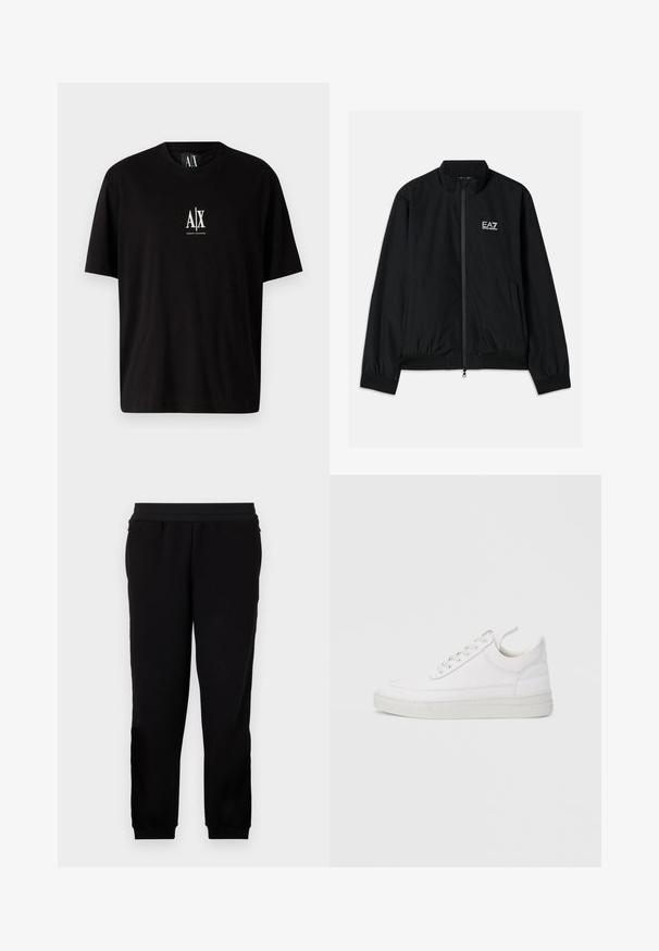 Chaqueta bomber negra con cuello alto, cremallera en la parte delantera, puños y dobladillo elásticos. Presenta el logo blanco de EA7 en el lado izquierdo del pecho y dos bolsillos laterales.; Camiseta de algodón negra de manga corta, con cuello redondo y un pequeño logo blanco "A|X" centrado en el pecho.; Pantalones de chándal negros hechos de un material suave, con una banda elástica en la cintura, puños ajustados y bolsillos laterales para mayor comodidad.; Zapatilla blanca de cuero con punta redondeada, suela plana y cierre de cordones. Presenta detalles de costuras y un cuello acolchado para mayor comodidad.