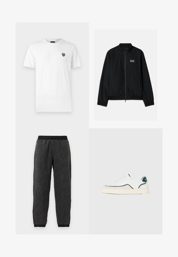Chaqueta bomber negra con cuello alto, cremallera en la parte delantera, puños y dobladillo elásticos. Presenta el logo blanco de EA7 en el lado izquierdo del pecho y dos bolsillos laterales.; Camiseta de algodón blanca con mangas cortas, que presenta un pequeño logo negro en la parte izquierda del pecho. Diseño clásico de cuello redondo.; Pantalones de chándal grises con una tela texturizada, que presentan un patrón de logotipos en toda la prenda, cinturilla elástica y puños elásticos en los tobillos.; Zapatilla baja blanca con detalles en verde, gamuza beige y suela de color crema con un fondo estriado.