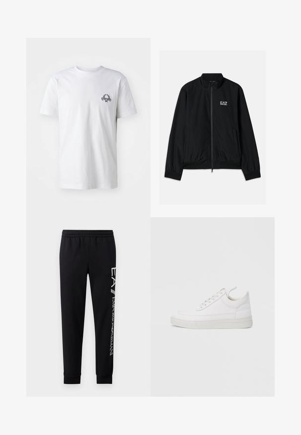 Veste bomber noire avec un col haut, fermeture éclair à l'avant, poignets et ourlet en élastique. Présente le logo EA7 blanc sur la poitrine gauche et deux poches latérales.; T-shirt en coton blanc avec un petit motif brodé noir sur la poitrine ; manches courtes et style col rond classique.; Pantalons de survêtement noirs en mélange de coton, dotés d'une taille élastique, de jambes fuselées, de poignets côtelés et d'un imprimé logo blanc sur le côté.; Baskets en cuir blanc avec un embout arrondi, une semelle plate et un laçage à l'avant. Présentent des détails de couture et un col rembourré pour plus de confort.