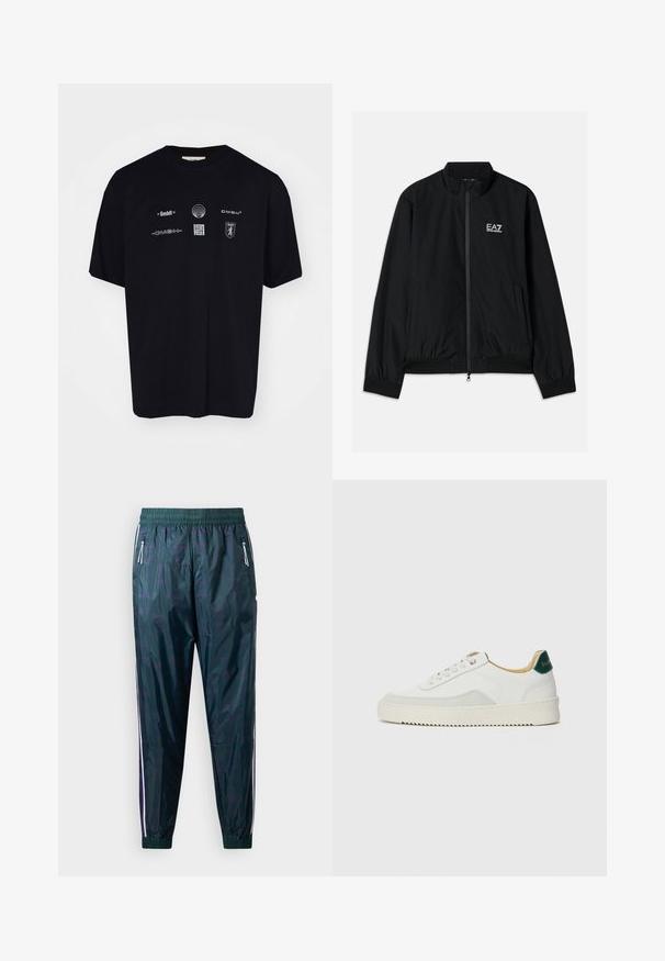 Black bomber jacket with a high collar, zipper front, elastic cuffs, and hem. Features white EA7 logo on the left chest and two side pockets.; Black cotton t-shirt featuring various white logos and symbols on the front, with a classic round crew neck and short sleeves.; Windbreaker pants in dark green with a smooth texture, featuring a subtle pattern, white side stripes, and zippered pockets. Elastic waistband.; White sneaker with suede accents, rounded toe, flat laces, and a cream rubber sole. Features green branding on the heel.