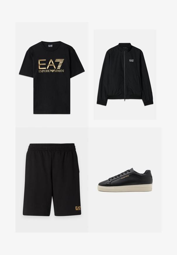 Schwarze Bomberjacke mit hohem Kragen, Reißverschluss vorne, elastischen Bündchen und Saum. Mit weißem EA7-Logo auf der linken Brust und zwei Seitentaschen.; Schwarzes Baumwoll-T-Shirt mit kurzen Ärmeln, auf dessen Vorderseite ein in Gold gedrucktes "EA7 EMPORIO ARMANI" Logo prangt. Schlichtes Design, Rundhalsausschnitt.; Schwarze Sportshorts aus weichem Material, mit einem elastischen Bund und einem kleinen gelben EA7-Logo am unteren linken Bein.; Schwarze Leder-Sneaker mit glatter Oberfläche, kontrastierender cremefarbener Sohle, abgerundeter Spitze, goldfarbenem Logo an der Seite und sechs Ösen für die Schnürsenkel.