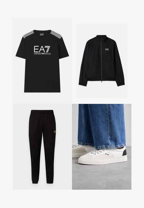 Čierna bomber bunda s vysokým golierom, predným zipsom, elastickými manžetami a spodným lemom. Obsahuje biele logo EA7 na ľavej hrudi a dve bočné vrecká.; Čierne bavlnené tričko s bielym logom EA7 a textom 'Emporio Armani'. Tri biele pruhy na ramenách vylepšujú dizajn.; Čierne tepláky s elastickým pásom, priliehavými manžetami a malým žltým logom na hornej ľavej nohe. Mäkká, hladká textúra látky.; Biele a čierne tenisky s hladkým koženým zvrškom, štruktúrovanými akcentmi a masívnou bielou podrážkou. Obsahujú klasický dizajn so šnurovaním.