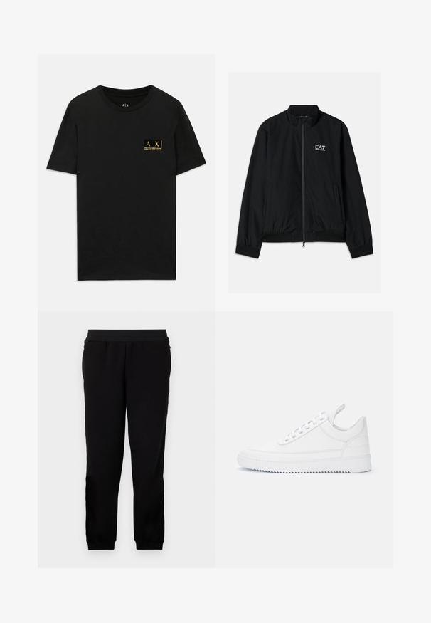 Schwarze Bomberjacke mit hohem Kragen, Reißverschluss vorne, elastischen Bündchen und Saum. Mit weißem EA7-Logo auf der linken Brust und zwei Seitentaschen.; Schwarzes Baumwoll-T-Shirt mit Rundhalsausschnitt. Verfügt über ein kleines goldfarbenes Logo-Patch auf der linken Brust mit dem Text "AX Armani Exchange". Klassische Passform.; Schwarze Sweatpants aus einem weichen Material, mit elastischem Bund, eng anliegenden Bündchen und Seitentaschen für zusätzlichen Komfort.; Weißer Sneaker mit niedrigem Schaft, Schnürverschluss, abgesteppten Details, Zuglasche an der Ferse und profillierter Sohle vor einfachem hellem Hintergrund.