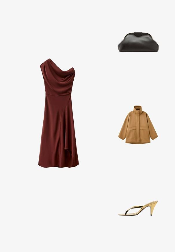 Veste marron clair avec col montant, manches longues, poches avant, et fermeture éclair et rabat dissimulés.; Robe midi asymétrique en satin bordeaux avec une épaule dénudée, un col drapé et un détail subtil de fronces sur le côté de la jupe.; Sandale à talon haut métallisée dorée avec un talon effilé fin de 7 cm et des lanières minimalistes sur fond blanc.; Pochette en cuir noir souple avec un cadre arrondi et une petite fermeture à languette en haut au centre.