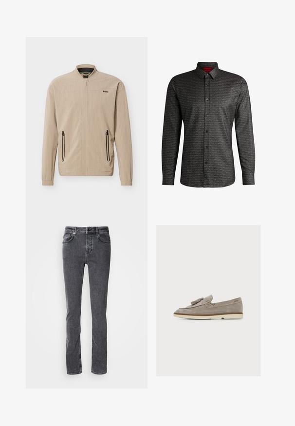 Veste légère beige avec fermeture éclair complète à l'avant, deux poches latérales zippées, col montant et logo "BOSS" sur la poitrine.; Chemise noire à boutons avec un motif de logo répétitif, col structuré, manches longues et coupe ajustée avec une texture lisse.; Jean en denim gris foncé, coupe droite, cinq poches, coutures contrastantes, braguette zippée et fermeture par bouton. Aucun motif ou ornement visible.; Mocassin en daim marron clair avec pampilles, semelle beige basse et logo "BOSS" sur le talon, présenté de profil sur fond blanc.