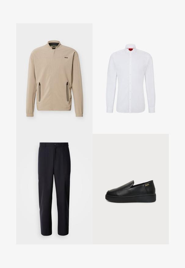Chaqueta ligera beige con cremallera completa en la parte delantera, dos bolsillos laterales con cremallera, cuello alto y logo "BOSS" en el pecho.; Camisa blanca de manga larga de algodón con cierre de botones en la parte delantera, cuello clásico y una textura sutil, con un logo rojo en el interior del cuello.; Pantalones oscuros de navy, confeccionados en un tejido suave, con un diseño de pierna recta, dos bolsillos laterales y un cierre de botón en la cintura.; Zapato de cuero negro tipo slip-on con suela gruesa y pequeños orificios de ventilación laterales, con el logo dorado de "HUGO" cerca del talón.