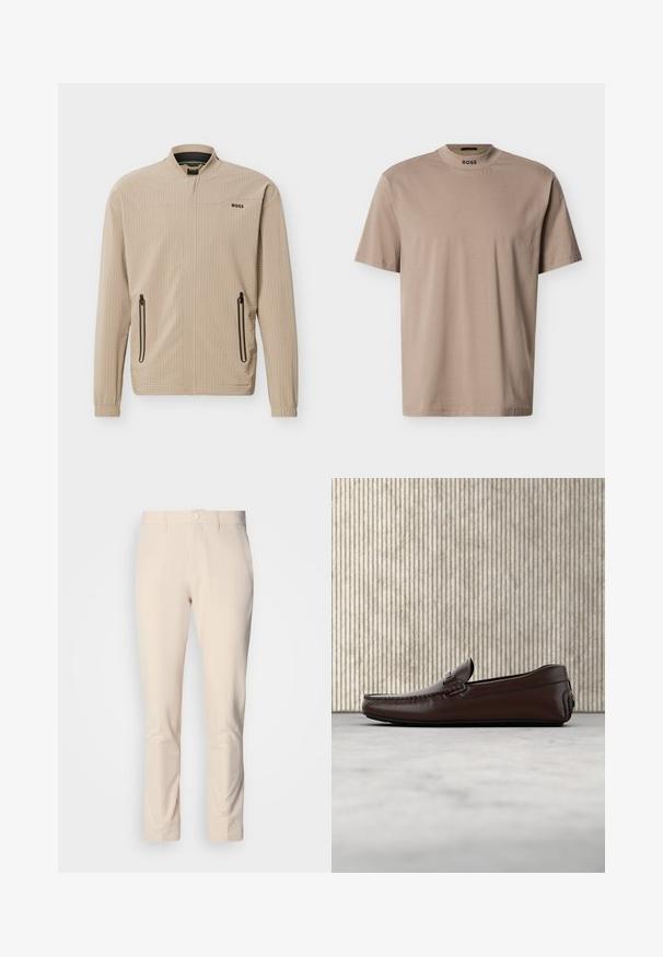Veste légère beige avec fermeture éclair complète à l'avant, deux poches latérales zippées, col montant et logo "BOSS" sur la poitrine.; T-shirt beige à manches courtes avec un col rond haut et le logo "BOSS" sur le col. Fabriqué en tissu doux avec une texture lisse.; Pantalon beige clair à texture lisse, coupe ajustée, fermeture par bouton et poches latérales. Aucun motif ou accent visible.; Mocassins en cuir marron avec une finition lisse, des coutures de style mocassin, un bout rehaussé et une semelle en caoutchouc basse et flexible.