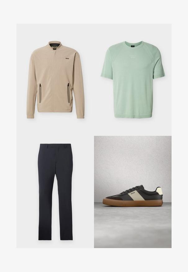 Beige lichtgewicht jack met volledige voorrits, twee ritszakken aan de zijkanten, opstaande kraag en "BOSS"-logo op de borst.; Lichtgroen gebreid shirt met korte mouwen, ronde hals en "Porsche BOSS"-logo in het midden van de borst.; Navy formele broek van gladde stof. Kenmerken een flat front, riemlussen en zijzakken, met een op maat gemaakte rechte pasvorm.; Zwarte en bruine sneaker met een beige streep en "BOSS"-logo, zwevend boven een grijze betonnen vloer en een achtergrond van glazen blokkenwand.