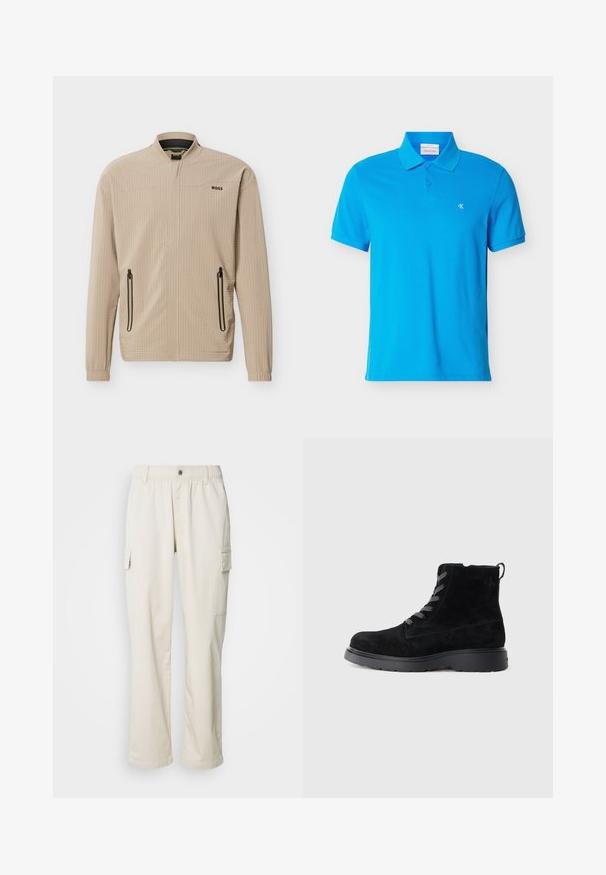 Chaqueta ligera beige con cremallera completa en la parte delantera, dos bolsillos laterales con cremallera, cuello alto y logo "BOSS" en el pecho.; Camiseta polo azul de manga corta con cuello y tapeta de dos botones, pequeño logo blanco "cK" en el pecho izquierdo.; Pantalones cargo color crema con una cintura elástica, bolsillos laterales, un diseño de pierna recta y una textura de tela suave y ligera.; Botines de ante negro con una superficie texturizada, puntera redonda, cordones grises y suela negra resistente. Cuenta con una pequeña lengüeta en la parte posterior.