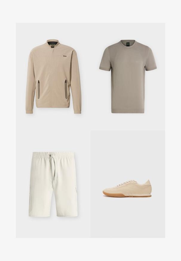Veste légère beige avec fermeture éclair complète à l'avant, deux poches latérales zippées, col montant et logo "BOSS" sur la poitrine.; T-shirt beige en maille à manches courtes avec col rond, panneaux latéraux subtilement texturés et petit logo "BOSS" sur la poitrine gauche.; Shorts beige clair longueur genou avec taille élastique et cordon, avec poches latérales et texture de tissu lisse.; Baskets en daim beige au design épuré, présentant une tige texturée, un bout rond et une semelle en caoutchouc avec un motif en zigzag.