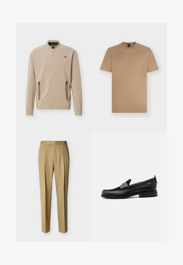 Veste légère beige avec fermeture éclair complète à l'avant, deux poches latérales zippées, col montant et logo "BOSS" sur la poitrine.; T-shirt marron clair à manches courtes et col rond avec petit logo blanc "BOSS" sur la poitrine gauche, présenté sur un fond uni clair.; Pantalon beige ajusté avec passants de ceinture et pli frontal, présenté sur un fond clair uni.; Mocassin en cuir noir avec détail de bride grise, talon bas et semelle texturée, marqué "HUGO" en or sur le côté.