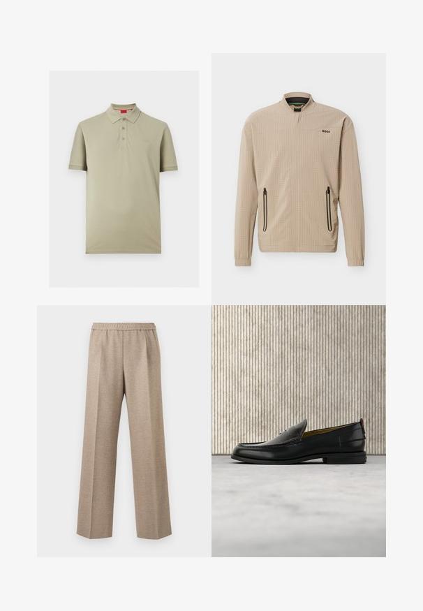Veste légère beige avec fermeture éclair complète à l'avant, deux poches latérales zippées, col montant et logo "BOSS" sur la poitrine.; Polo beige clair à manches courtes avec trois boutons et un petit logo "HUGO" sur la poitrine gauche.; Pantalon beige à jambe droite avec taille élastique et plis marqués sur le devant de chaque jambe.; Mocassin pour homme en cuir noir avec un dessus embossé effet croco et un petit talon, présenté de profil sur un fond neutre.