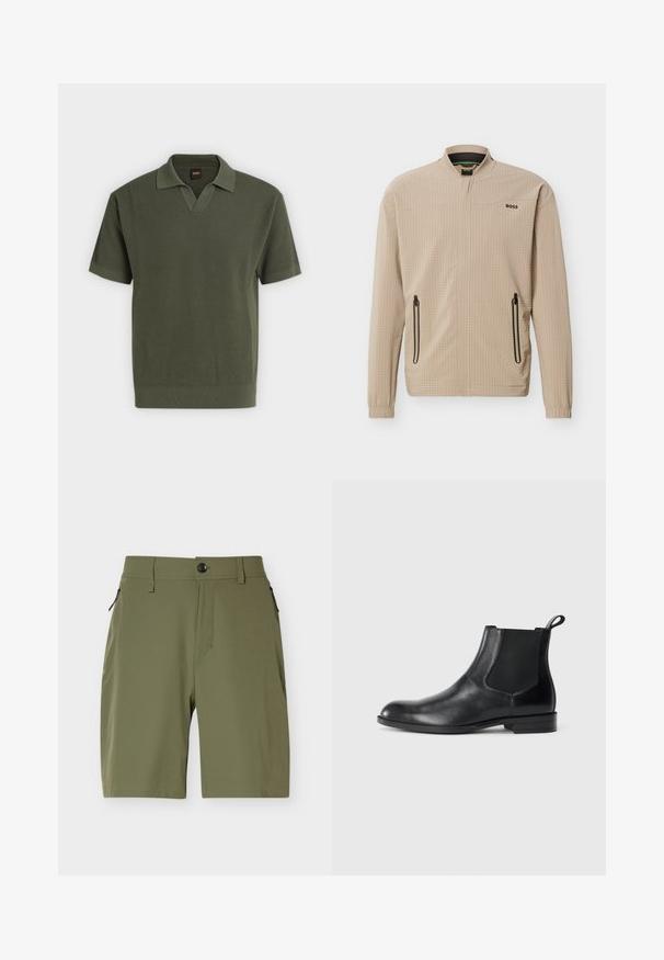 Veste légère beige avec fermeture éclair complète à l'avant, deux poches latérales zippées, col montant et logo "BOSS" sur la poitrine.; Polo en maille vert olive à manches courtes avec motif texturé et ourlet et poignets côtelés sur fond uni.; Shorts pour hommes longueur genou de couleur vert olive avec fermeture par bouton et poches latérales zippées sur fond blanc.; Bottine en cuir noir avec des panneaux latéraux élastiques, bout rond et tirette. Texture lisse, semelle plate, design minimaliste.