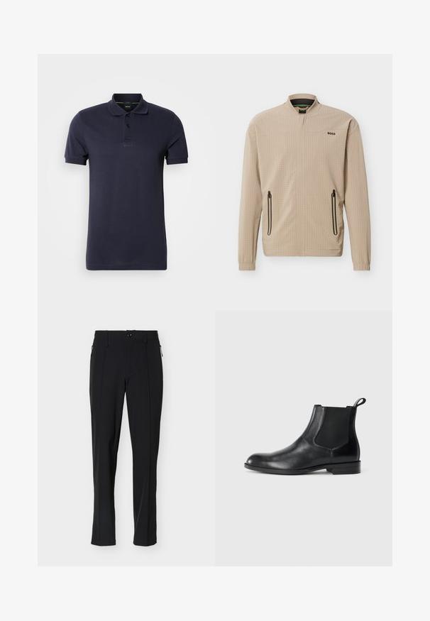 Beige lichtgewicht jack met volledige voorrits, twee ritszakken aan de zijkanten, opstaande kraag en "BOSS"-logo op de borst.; Marineblauwe polo van katoen, met een platte kraag, een drukknoopsluiting met drie knopen en een geborduurd logo op de borst. Korte mouwen.; Zwarte, op maat gemaakte slim-fit broek met knopen aan de voorkant en ritszakken aan de zijkant, weergegeven tegen een witte achtergrond.; Zwarte leren enkelboot met elastische zijpanelen, ronde neus en een trekhaak. Gladde textuur, platte zool, minimalistisch ontwerp.