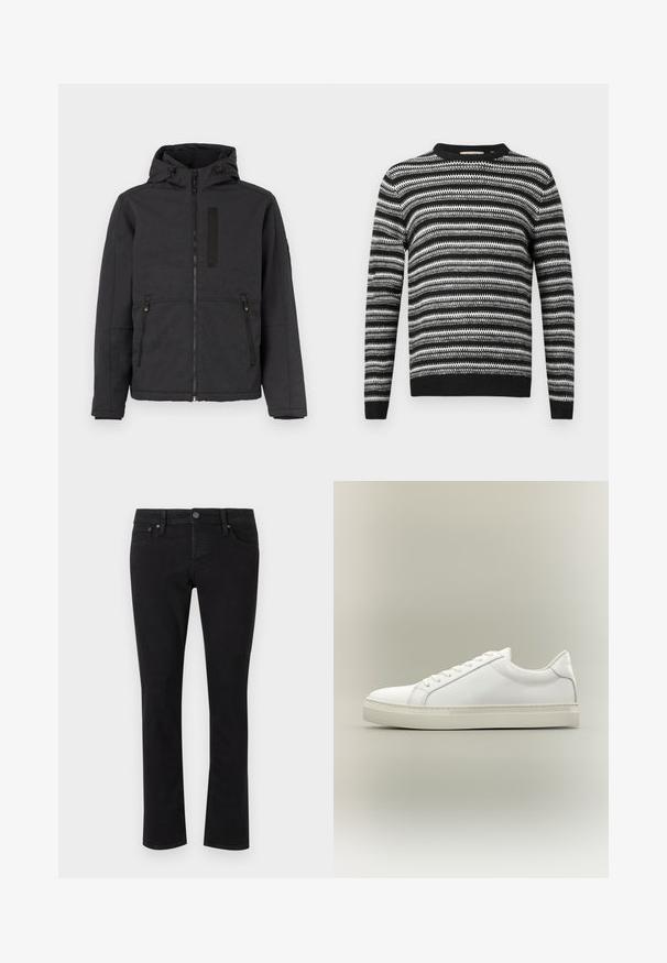 Sort hættejakke med lynlås, to sidelommer og en brystlomme. Har en glat overflade og kontrasterende designdetaljer.; Stribet sort og hvid sweater med rund halsudskæring og lange ærmer. Har et tekstureret mønster overalt samt ribbede manchetter og linning.; Sorte denimjeans med lige snit, fem-lomme design, metalknaplukning og minimal syning. Glat tekstur hele vejen igennem.; Hvid lavtop sneaker med snørebånd foran og tyk sål, vist fra siden mod en neutral baggrund.