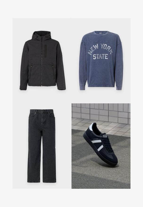 Schwarze Kapuzenjacke mit Reißverschluss, zwei seitlichen Taschen und einer Brusttasche. Hat eine glatte Textur und kontrastierende Designelemente.; Marineblaues Sweatshirt mit langen Ärmeln aus weichem Stoff, mit einem strukturierten "NEW YORK STATE"-Grafik in Silber über der Brust.; Dunkelblaue Denim-Hosen mit weitem Bein, Fünf-Taschen-Design und Knopfverschluss. Enthält Hardware in kupferfarbener Ausführung und eine subtile Textur.; Schwarze Leder-Sneaker mit weißen Streifen, strukturiertem Gummisohle und Schnürung. Verfügt über ein Markenetikett auf der Zunge.