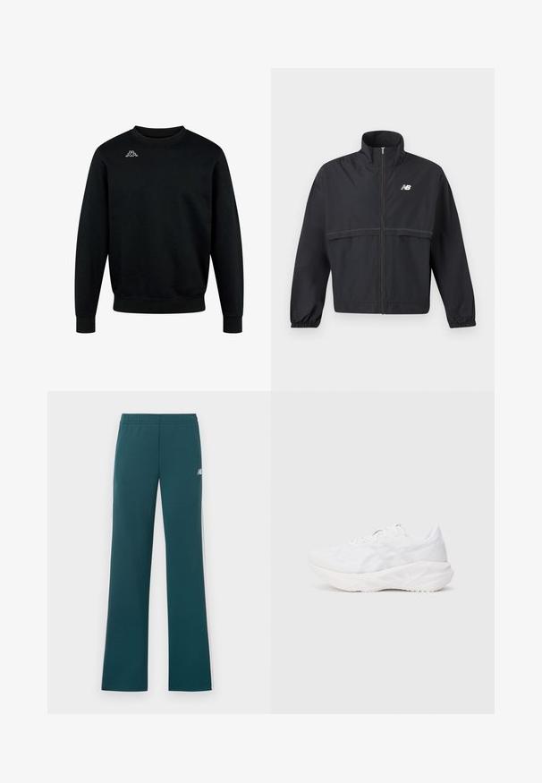 Schwarze leichte Zip-Jacke mit hohem Kragen, elastischen Bündchen, horizontaler Stepp-Optik und weißem New Balance-Logo auf der Brust.; Schwarzes Sweatshirt mit Rundhalsausschnitt, langen Ärmeln und kleinem weißen Kappa-Logo auf der oberen linken Brust.; Dunkelteal-farbene Sporthose mit geradem Bein, elastischem Bund und weißen Seitenstreifen, mit kleinem weißem New Balance-Logo an der Hüfte.; Weißer Sportschuh mit einem atmungsaktiven Obermaterial aus Netzgewebe und gepolsterter Sohle, ausgestattet mit einem strukturierten Muster und minimalistischen Designelementen.
