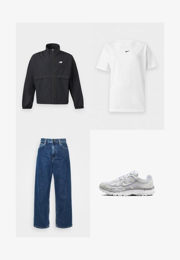 Sort letvægts lynlåsjakke med høj krave, elastiske manchetter, vandret syning og hvid New Balance-logo på brystet.; Hvid t-shirt med korte ærmer og rund halsudskæring med et lille sort Nike Swoosh-logo centreret nær kraven.; Lysblå denim brede ben jeans med høj talje, synlig syning og standard lommer. Har en knap- og lynlåslukning.; Lys grå atletik sko med en overdel i mesh og syntetiske materialer, der har snørebånd, polstret krave og struktureret sål for godt greb.