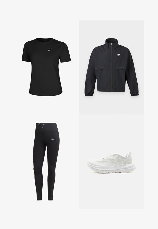 Sort letvægts lynlåsjakke med høj krave, elastiske manchetter, vandret syning og hvid New Balance-logo på brystet.; Sort atletisk T-shirt lavet af glat stof, med rund halsudskæring og korte ærmer. Indeholder et reflekterende logo på venstre front.; Sorte leggings med høj talje, snøre-detalje og sidelommer. Fremstillet af glat materiale med reflekterende logo-accent.; Hvid atletisk løbesko med tyk polstret sål, åndbart mesh-overdel og snørelukning vist fra siden på ensfarvet baggrund.