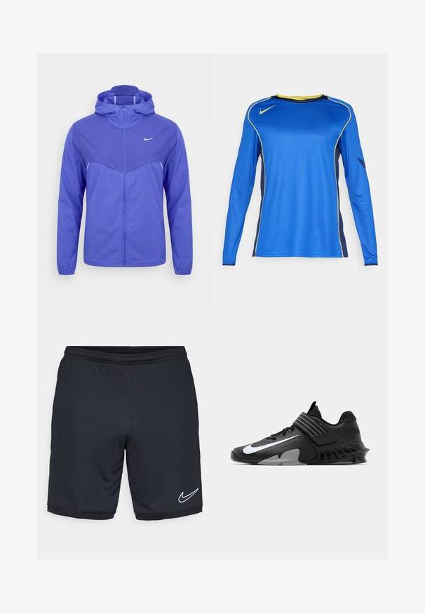 Svetlofialová vetrovka Nike s kapucňou, predným celoprepínacím zipsom a dlhými rukávmi na jednotnej bielej ploche.; Dlhý rukáv športového trička v živej modrej farbe, s žltými akcentmi a sieťovinou na bokoch. Logo Nike zobrazené na hrudi.; Čierne športové šortky vyrobené z hladkej, ľahkej textílie, s elastickým pásom a s bielym logom Nike v blízkosti lemu.; Čierne športové topánky s elegantným dizajnom, ktoré obsahujú výrazné biele logo Nike, textúrované prekrytia a charakteristickú tvarovanú podrážku.