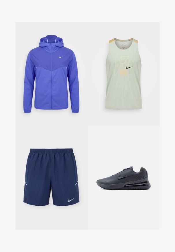 Veste coupe-vent Nike violet clair avec capuche, fermeture éclair intégrale à l'avant et manches longues sur fond blanc uni.; Débardeur de course Nike vert clair sans manches avec texte graphique jaune « DISTANT DREAMS » et logo Nike noir à l'avant.; Shorts de sport bleu marine avec taille élastique, logo Nike réfléchissant sur la jambe gauche et bordure réfléchissante blanche aux aérations latérales.; Baskets Nike Air Max gris foncé avec un swoosh noir, semelle à coussin d'air visible et tige texturée, vues de profil gauche sur fond blanc.