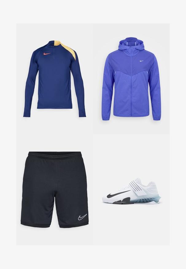 Svetlofialová vetrovka Nike s kapucňou, predným celoprepínacím zipsom a dlhými rukávmi na jednotnej bielej ploche.; Námornícky modrý športový top s dlhým rukávom, žltým akcentom na pleci, polovičným zipom na golieri a červeným logom Nike swoosh na hrudi.; Čierne športové šortky vyrobené z hladkej, ľahkej textílie, s elastickým pásom a s bielym logom Nike v blízkosti lemu.; Biela športová obuv s čiernym logom Nike, sieťovinovým zvrškom, tromi čiernymi pruhmi a gradientnou podrážkou od modrej po priesvitnú. Obsahuje posilnené akcenty.