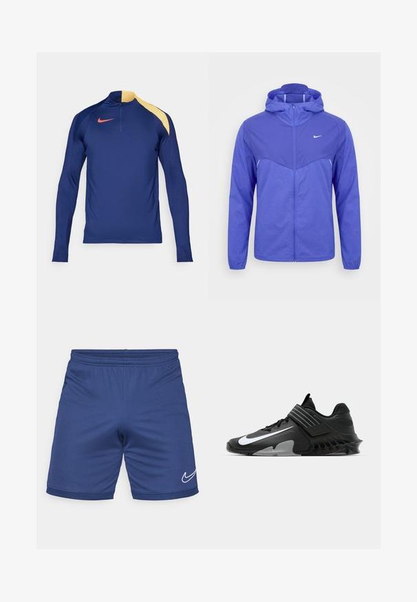 Svetlofialová vetrovka Nike s kapucňou, predným celoprepínacím zipsom a dlhými rukávmi na jednotnej bielej ploche.; Námornícky modrý športový top s dlhým rukávom, žltým akcentom na pleci, polovičným zipom na golieri a červeným logom Nike swoosh na hrudi.; Modré atletické šortky z ľahkého materiálu. Majú elastický pás a biely logo Nike Swoosh na dolnej strane.; Čierne športové topánky s elegantným dizajnom, ktoré obsahujú výrazné biele logo Nike, textúrované prekrytia a charakteristickú tvarovanú podrážku.