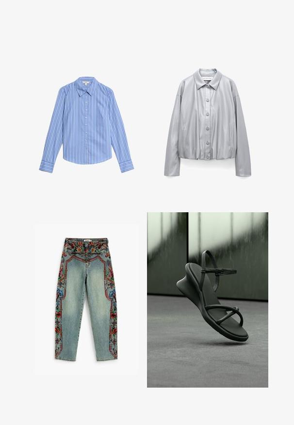 Hellgraue Lederjacke mit langen Ärmeln, Knopfverschluss vorne und klassischem Kragen.; Gestreiftes Langarmhemd in Blau und Weiß mit Knopfleiste. Verfügt über einen spitzen Kragen und einen abgerundeten Saum. Hergestellt aus glattem, leichtem Stoff.; Hellblaue Denim-Jeans mit bunten floralen und ornamentalen Bordürenmustern entlang der Seiten und des Bundes, mit Knopf- und Reißverschluss.; Schwarze minimalistische Sandale mit dünnen Riemen und Schnallenverschluss, vor einem unscharfen grün-grauen Hintergrund präsentiert.