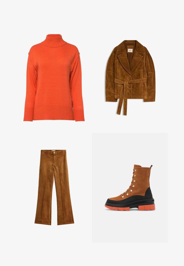 Brun ruskindsjakke med brede revers, knaplukning og matchende bælte bundet om taljen, vist fladt på en hvid baggrund.; Turtleneck sweater i lys orange, med ribbet tekstur, sænkede skuldre og en løs pasform med brede manchetter.; Brune fløjl flared bukser med en tekstureret finish, fem lommer og knaplukning. Flad talje med bæltestropper og et bred ben design.; Brune ruskind ankelstøvler har guld hardware, en sort og orange chunky sål, samt et snørebåndsdesign med en bageste løftestrop.