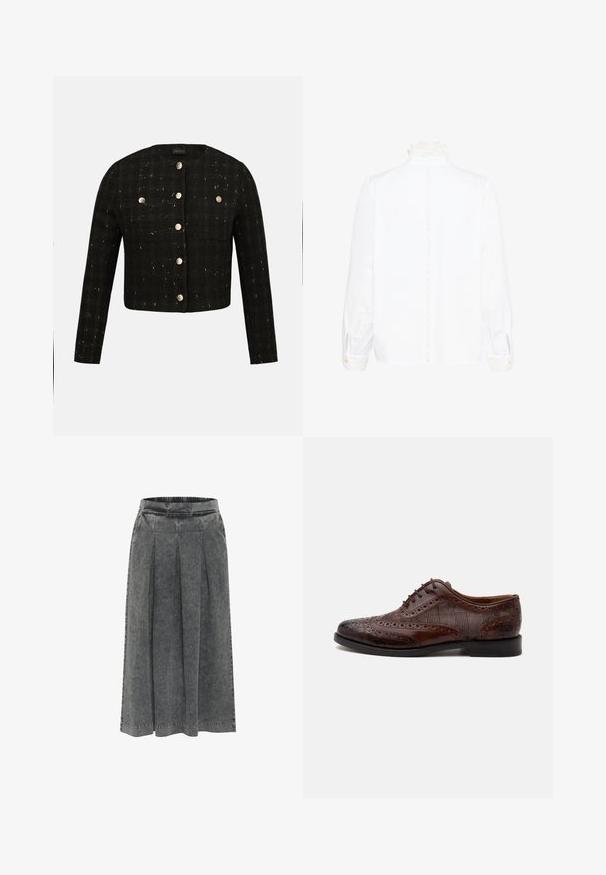 Chaqueta corta de tweed negra con mangas largas, escote redondo y seis botones metálicos en el frente y en dos bolsillos en el pecho.; Blusa blanca de manga larga con cuello y puños de encaje, que presenta un ribete de encaje vertical en el centro de la espalda.; Falda de mezclilla gris con pliegues, cinturilla elástica, de longitud a la rodilla y con una superficie texturizada. Diseño simple sin patrones o adornos visibles.; Zapato de vestir masculino wingtip de cuero marrón con detalles brogue y paneles laterales de tela a cuadros, mostrado de perfil sobre fondo blanco.