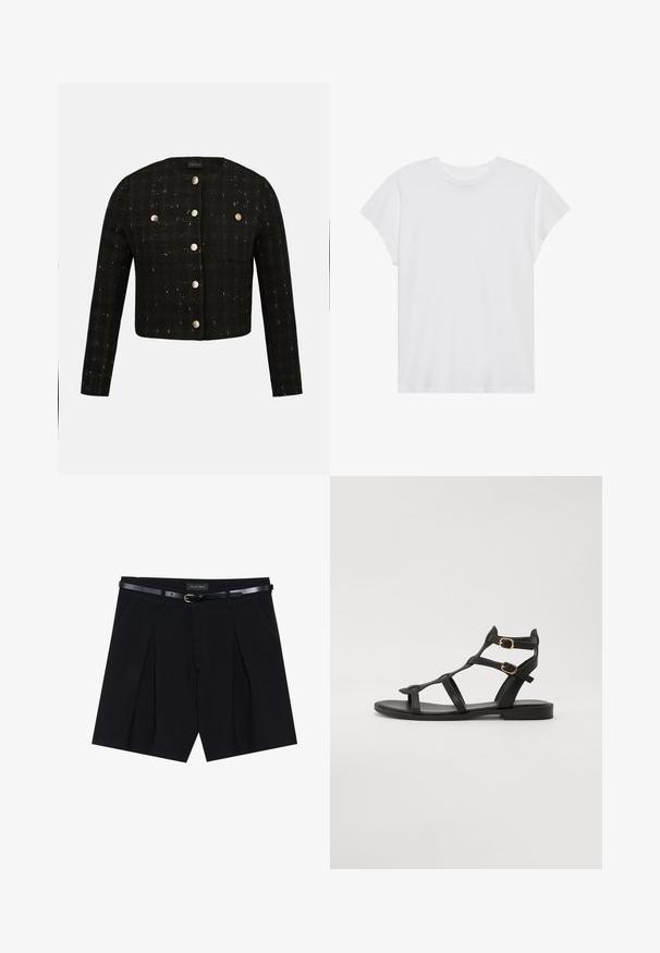 Sort cropped tweedjakke med lange ærmer, rund halsudskæring og seks metalliske knapper foran samt på to brystlommer.; Hvid kortærmet t-shirt med rund hals, afslappet pasform, lavet af blødt bomuldsstof. Glat tekstur, ingen mønstre eller logoer.; Sorte skræddersyede shorts med folder, udstyret med et slankt sort bælte med en gylden spænde. Fremstillet af et glat stof, der giver et poleret udseende.; Sorte flade sandaler med flere krydsede stropper og to spænder på anklen. Har et glat læderlignende materiale og flad sål.