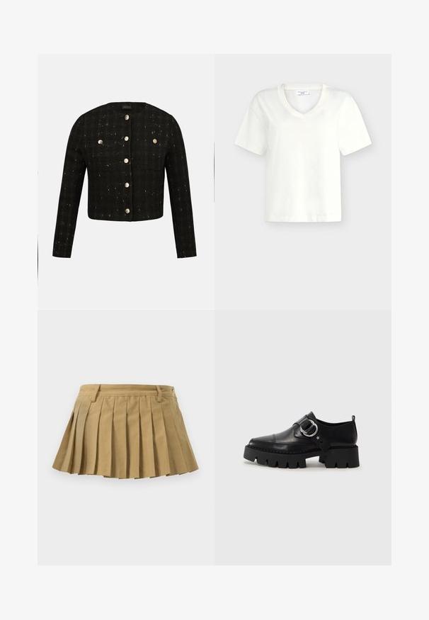 Zwarte cropped tweedjas met lange mouwen, ronde halslijn en zes metalen knopen aan de voorkant en op twee borstzakken.; Wit T-shirt van katoen met korte mouwen, een V-hals en een Marc O’Polo Denim-label aan de binnenkant van de halslijn.; Plissé rok in lichtbruine stof, met een aansluitende tailleband, meerdere plooien en een rechte onderrand. Geen zichtbare sluitingen of accenten.; Zwarte leren schoenen met een robuuste, geribbelde zool, voorzien van een ronde zilveren hardwareaccent en minimale stikdetails.