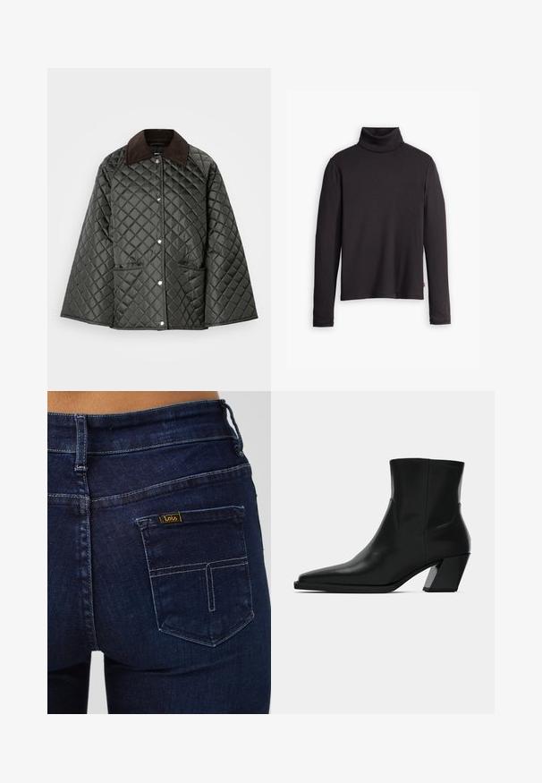 Gequilte donkergroene jas met een bruine corduroy kraag, drukknoopsluiting en twee voorzakken. Heeft een gewaxt ruitpatroon.; Zwarte geribde turtleneck trui met lange mouwen en een fitted ontwerp. Zachte textuur, subtiele stretch en een label aan de onderzijde.; Donkerblauwe spijkerbroek met een standaard achterzak. Voorzien van gestikte details en een klein geel label met het merk "Lois."; Zwarte leren enkelboot met een spitse neus, een slanke silhoeet en een chunky vierkante hak. Gladde textuur met minimale stikdetails.