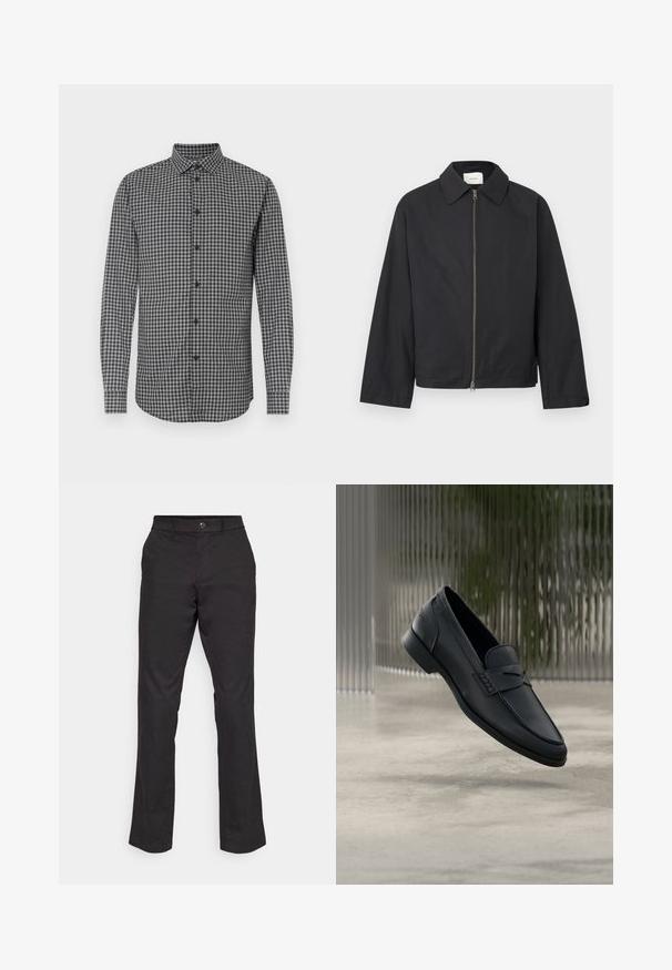 Veste noire à fermeture éclair, manches longues et col pointu, présentée à plat sur un fond blanc.; Chemise à manches longues à carreaux noirs et blancs avec un col boutonné, offrant une coupe régulière et une fermeture à boutons sur le devant. Tissu texturé.; GAP STRAIGHT PERFORMANCE - Pantalon classique - true black; Mocassin en cuir noir à finition lisse, bout pointu et détails cousus sur le dessus. Talon bas et design minimaliste.