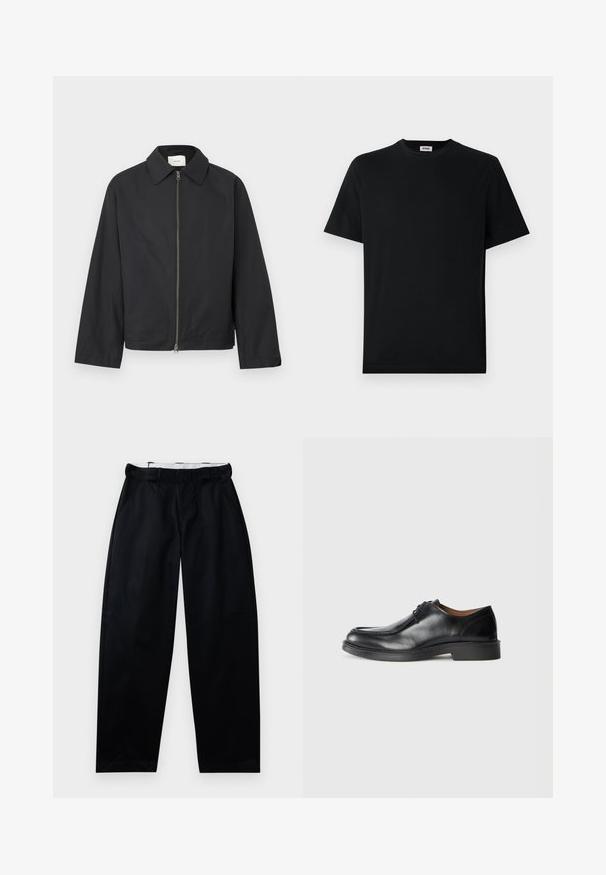 Veste noire à fermeture éclair, manches longues et col pointu, présentée à plat sur un fond blanc.; T-shirt noir uni à manches courtes et col rond, exposé à plat sur un fond blanc, avec une petite étiquette de marque à l'intérieur du col.; Pantalon noir avec une texture lisse, jambes larges et une taille avec passants de ceinture. Conçu avec des poches latérales et une finition soignée.; Chaussure de ville en cuir noir avec un bout arrondi, surface lisse, détails en dentelle et une semelle en caoutchouc texturée basse. Lignes épurées et design minimal.