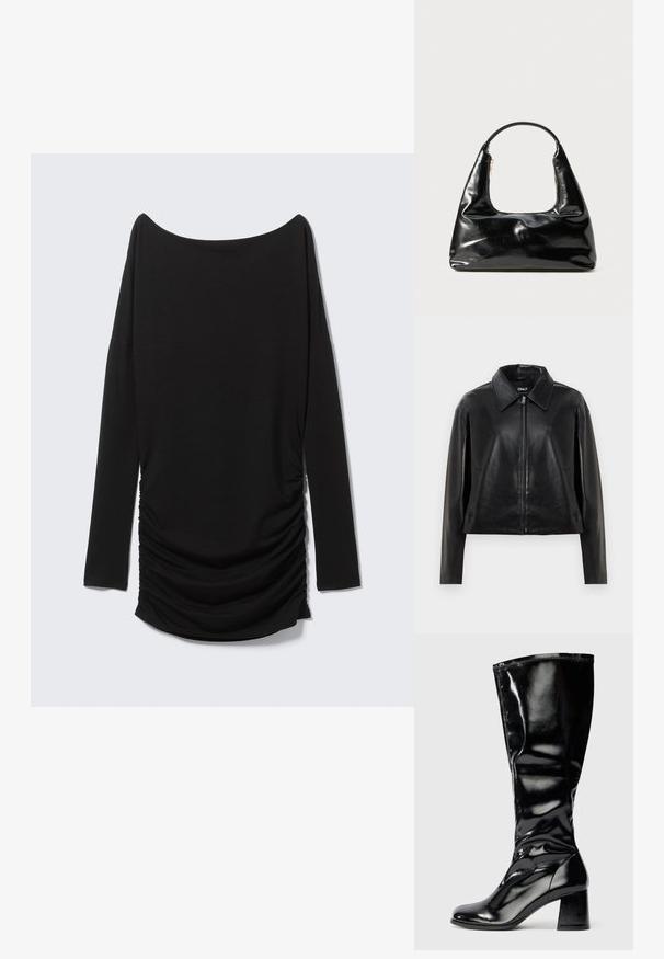 Zwarte neplederen jas met een volle rits aan de voorkant, puntige kraag en zijzakken, weergegeven tegen een witte achtergrond.; Zwart top met lange mouwen, een off-shoulder halslijn en een geplooid zijdetail. Gemaakt van zachte stof met een gestroomlijnde silhouet.; Glanzende zwarte laars tot de knie met blokhak en ronde teen, gladde glanzende afwerking, lichte textuurdetails op de hak en bovenkant.; Zwarte lakleren handtas met een halfcirkelvormige handgreep, trapeziumvorm, gladde textuur en een enkele ritssluiting.