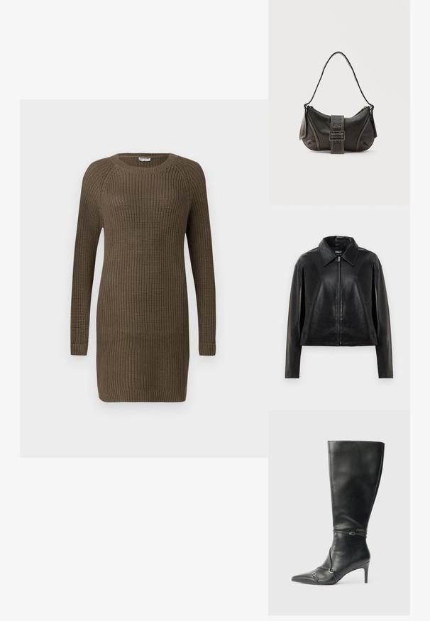Veste en simili cuir noir avec fermeture éclair sur le devant, col pointu et poches latérales, présentée sur fond blanc.; Robe en tricot de couleur vert olive foncé, avec des manches longues, un col rond, un tissu texturé et des poignets et un ourlet côtelés.; Bottes noires en cuir montant jusqu'au genou, avec un talon fin, un bout pointu et des détails de lanière à la cheville. Texture lisse et design ajusté.; Sac à épaule en cuir noir avec une sangle à boucle, des bords arrondis et des coutures blanches contrastées sur un fond uni.